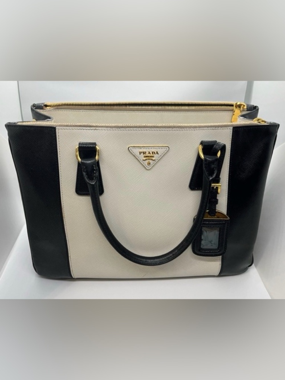 Prada Two-Tone Saffiano Satchel in Cream and Black